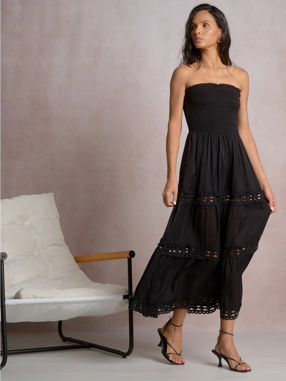 Elan Black Strapless Smocked Maxi Dress